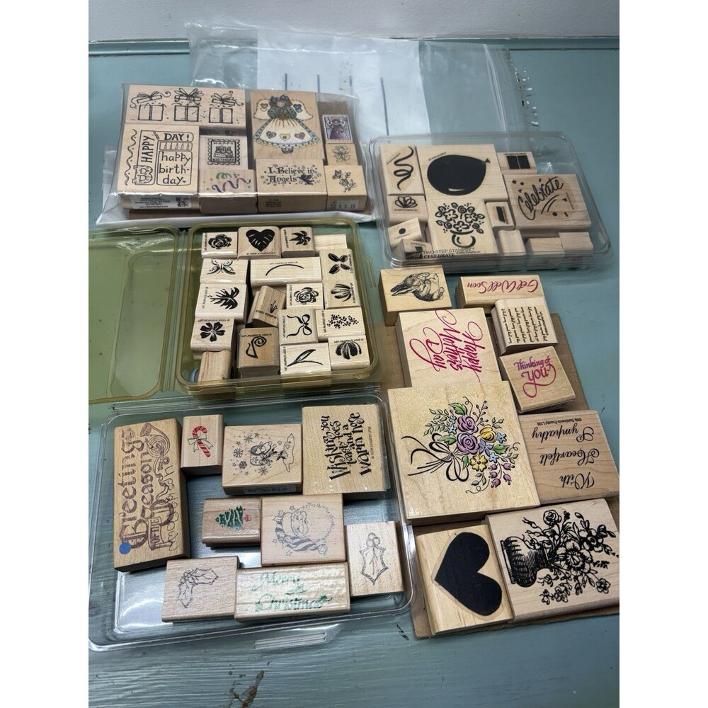 57 Vintage Stampin Up Rubber Wood Stamps Lot All Holidays, greetings, Embellish